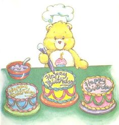 a drawing of a teddy bear sitting at a table with cakes and cupcakes