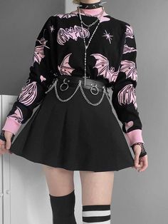 Womens Black Sweater, Estilo Harajuku, Bat Print, Grunge Streetwear, Loose Pullover, Harajuku Fashion, Casual Sweaters, Streetwear Women