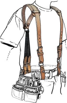 a drawing of a man wearing suspenders and holding his belted bag with multiple pockets