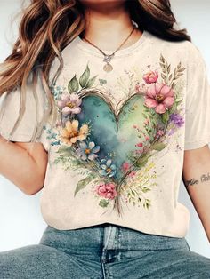 Heart Roses, Flowers Print, Picture Sizes, Flower Prints, Neck T Shirt, Top Styles, Roses, Cotton Blend, Paintings