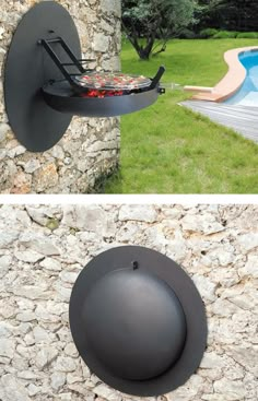 there are two pictures of an outdoor grill on the stone wall and one is showing it's cooking area