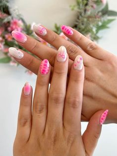 pink nails, cute nails, nail designs, nail inspo, aura nails, cute nail designs, pink nail inspo, pink nail designs, pink bow aesthetic nails, aesthetic nails Cute Short Nail Ideas Valentines, Simple Nails Trendy, Nail Inspo Almond Pink And White, Nails Acrylic Teenagers, Gel X Nail Designs Colorful, Pink Nails For Dance, Sns Nail Inspo Short, Light Purple Design Nails, Crazy Short Nail Designs