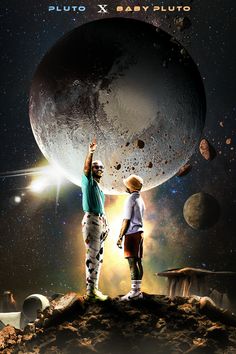 two people standing on top of a rock in front of an image of the moon