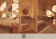 three different images of a bedroom with round windows