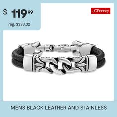 Uniquely engraved stainless steel clasps on black leather make for a dramatic and stylish bracelet.Metal: Stainless steelMaterial: Black leatherClosure: Lobster claspDimensions: 9" lengthJewelry photos are enlarged to show detail. Classic Black Engraved Leather Bracelet, Classic Black Leather Bracelet Engraved, Black Engraved Leather Bracelet For Everyday, Black Leather Jewelry With Palladium Hardware, Luxury Engraved Black Leather Bracelet, Luxury Black Engraved Leather Bracelet, Everyday Black Engraved Leather Bracelet, Luxury Black Leather Engraved Bracelet, Everyday Black Leather Bracelet Engraved