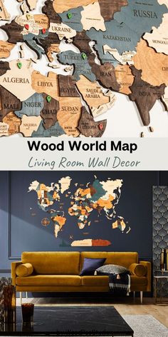 a living room with a large wooden world map on the wall and an orange couch