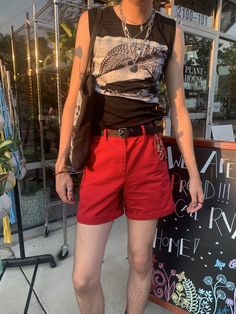 make summer outfit Alt Mens Summer Outfits, Summer Goth Masc, Masc Athletic Outfits, Trans Guy Outfits Summer, Masc Swimsuit, Alternative Summer Outfits Men, Masc Bathing Suit, Masc Shorts Outfit, Alt Summer Clothes