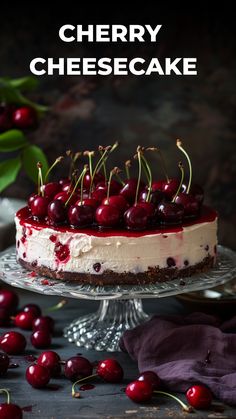 there is a cake with cherries on top and the words cherry cheesecake above it