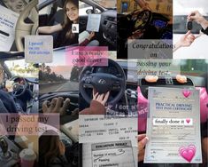 a collage of photos with words and pictures on the inside of them, including driving test instructions