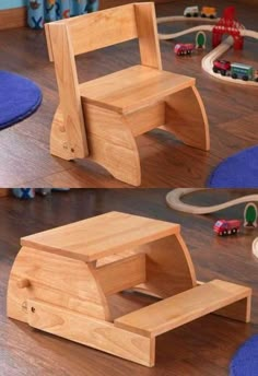 two wooden chairs sitting on top of a hard wood floor next to toy cars and trucks