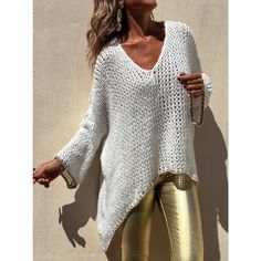 Contrast V-Neck Long Sleeve Knit Crochet Sweater Top In White * Features: Basic Style * Stretch: Slightly Stretchy * Material Composition: 100% Polyester * Care Instructions: Machine Wash Cold. Tumble Dry Low. * Product Measurements: S/M: Front Length 25 In, Bust 31.2 In, Sleeve Length 9.4 In L/Xl: Front Length 25.7 In, Bust 32.4 In, Sleeve Length 10.1 In Loose Pullover Sweater, Pullover Mode, Camel Sweaters, Loose Pullover, Sweater Sale, Casual Sweaters, Fit Style, Sweaters Oversized, Basic Style