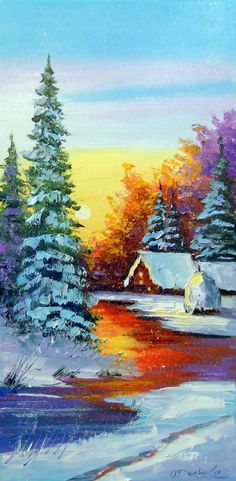 a painting of snow covered trees and houses