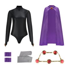 the costume is purple and black with gold accents on it, along with other accessories