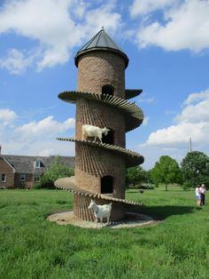 two sheep are standing in the middle of a tower