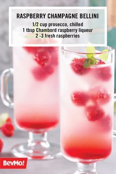 raspberry champagne bellini recipe in two glasses