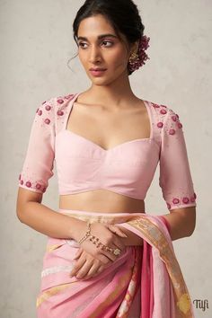 Light Pink Pure Georgette Hand-embroidered Blouse - Tilfi Bollywood Lehenga Outfit Ideas, Queen Anne Neckline Blouse, Blouse Designs For Georgette Sarees, Georgette Blouse Designs, Blouse Pattern Indian, Trendy Blouse Patterns, Front Blouse Designs, Maharashtrian Bride, Girly Blouse