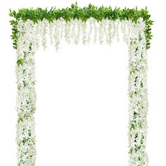 white flowers and greenery are arranged around the edge of an arch on a white background