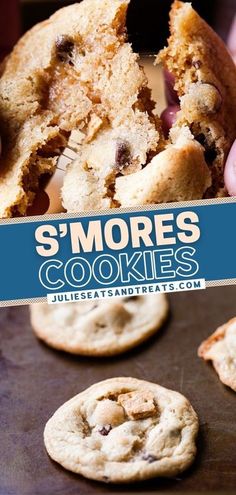 someone is holding up a cookie with the words s'mores cookies on it