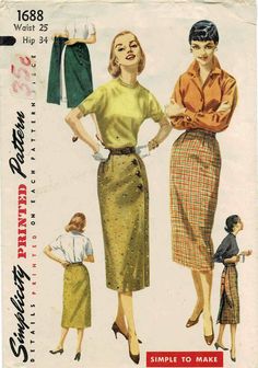 "1950's Simplicity 1688 Vintage Sewing Pattern Misses' Wrap-Around Skirt: Slim, versatile \"Wonderful Whiz-Wrap\" skirt is \"Simple-to-Make\" and can be worn with buttons in front or in back. Skirt is fitted with darts at the waistline. The skirt may be lined. Waist: 25 Hip: 34 Copyright: 1956 Pattern is: Uncut, factory folded Envelope condition: Lightly tanned; some very light wear to outer edges NOTE: This is the original pattern, not a PDF or a reproduction. Not your size....Here is a link th Fitted Vintage Skirt For Vintage Fashion, Vintage Full Skirt For Daywear, Fitted Vintage Mini Skirt, Vintage Lined Skirt For Daywear, Vintage Full Skirt With Buttons, Vintage Fitted Skirt With Buttons, Fitted Vintage Skirt With Buttons, Retro Fitted Skirt For Daywear, Fitted Retro Skirt For Daywear