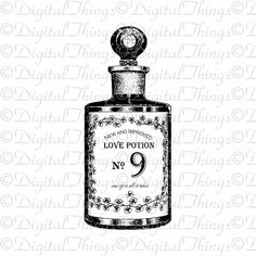 a bottle of love potion no 9 with the word love written on it in black and white