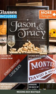 wine glasses are sitting next to a sign that says mason & tracy on it