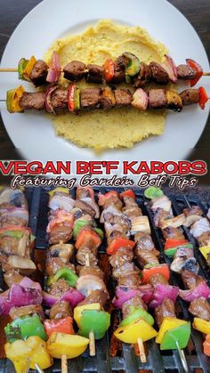 an assortment of skewers and vegetables on a grill with the words vegan beef kabobs