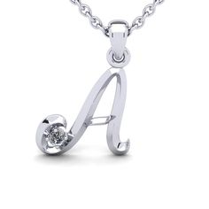 Diamond Accent A Swirly Initial Necklace In 14K White Gold With Free 18 Inch Cable Chain A Initial Necklace, A Initial, Diamond Initial Necklace, Diamond Heart Pendant Necklace, Initial Necklaces, White Gold Chains, Initial Pendant Necklace, Heart Pendant Diamond, Solitaire Pendant