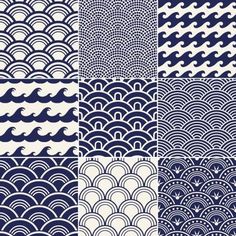 four different blue and white waves in the shape of an ocean wave, set of six patterns