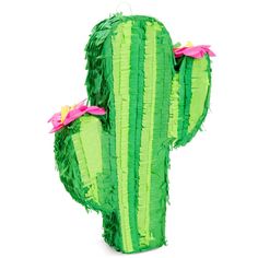 a green cactus shaped ornament with pink flowers on it's back end