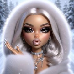 a barbie doll with white hair wearing a fur coat and holding her hand out to the side