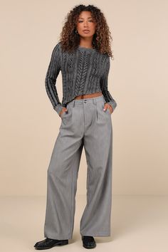 Banish the workweek blues when you style your office-approved look with the Lulus Composed Moment Grey High-Rise Wide-Leg Trouser Pants! Lightly stretchy woven fabric (with a slight tonal effect) shapes a high waist, belt loops, and a hidden zip fly with a top button closure. Chic pleating accents the wide-leg silhouette, which has functional front diagonal pockets and decorative welt pockets at the back. Ankle-length hems complete the look. Fit: This garment fits true to size. Length: Floor len Chic Fall Work Pants, Chic Gray Pants For Workwear, Chic Gray Pants For Work, Gray Workwear Bottoms For Fall, Chic Gray Wide Leg Pants For Work, Chic Gray Dress Pants For Workwear, Spring Workwear Gray Dress Pants, Gray Wide Leg Workwear Pants For Fall, Gray Wide Leg Pants For Business Casual In Fall