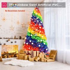 a rainbow christmas tree in a living room with presents on the floor next to it