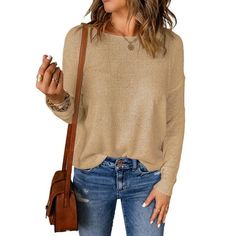 Light Fall Sweaters, Brown Crew Neck Sweater In Solid Color, Brown Solid Color Crew Neck Sweater, Casual Long Sleeve Knit Top, Casual Long Sleeve Top For Winter, Winter Casual Knit Long Sleeve Top, Casual Winter Knit Long Sleeve Top, Brown Crew Neck Sweater, Casual Knit Long Sleeve Top For Winter