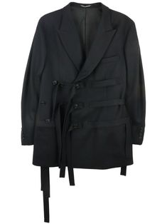 black wool flannel belted waist peak lapels chest welt pocket long sleeves buttoned cuffs double-breasted button fastening straight hem Wool Flannel, Blazer Black, Yohji Yamamoto, Mens Outerwear, Tasmania, Wool Blazer, Black Blazers, Black Wool, Welt Pocket