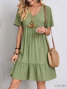 Lasaky - Relaxed Fit Casual Short-Sleeve Waist-Tie Maxi Dress Casual Solid Color Mini Dress, Green Shift Mini Dress Casual, Casual Flowy Solid Color Mini Dress, Casual Solid Color Dress For Vacation, Casual Solid V-neck Midi Dress, Casual Dresses For Vacation, Casual Solid Color Mini Dress For Brunch, Casual Flowy Midi Dress In Solid Color, Casual Flowy Solid Color Midi Dress