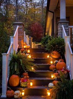 some pumpkins and candles are on the steps