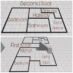 the floor plan for an apartment with stairs and second story rooms on each level is shown in three different ways