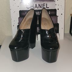 Jeffrey Campbell Platform Wedge Says Sz 7.5, Fits More Like A 6/6.5 I'm Like 90% Sure These Shoes Are Mismarked For 7.5. These Are Small Like A 6/ 6.5 **Putting Them At 6 Black Chunky Platform Slip-on Heels, Modern Wedge Heels With Reinforced Heel, Patent Leather Platform Heels With Round Toe, Party Platform Loafers With Closed Toe, Synthetic Platform Court Shoes With Round Toe, Party Platform Loafers With Chunky Platform And Round Toe, High Heel Synthetic Platform Loafers For Office, Platform Heels With Round Toe For Office, Office High Heel Platform Loafers