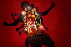 a bottle of booze surrounded by silhouettes of men and women on a red background