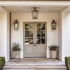 two potted plants sit on the front steps of a house with double doors and sidelights