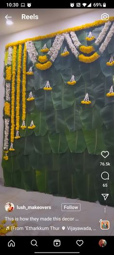 the wall is decorated with yellow flowers and white strings hanging from it's sides