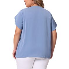 Introducing the collection of elegant and stylish summer work tops for women, perfect for the summer season. Whether you're going out for a night on the town or enjoying a casual day out, these tops are versatile enough to suit any occasion. The pleated detailing adds a touch of sophistication, while the sleeves provide a flattering silhouette. The elegant design and business casual aesthetic make them perfect for professional settings, while the trendy and cute style ensures they are equally su Summer Workwear Blouse In Solid Color, Solid Color Summer Blouse For Work, Elegant Light Blue Top For Beach, Elegant Solid Color Summer Tops, Elegant V-neck Short Sleeve Top For Summer, Elegant V-neck Short Sleeve Summer Top, Blue Solid Color Blouse For Day Out, Light Blue V-neck Blouse For Day Out, Blue Tops For Summer Workwear