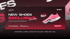 an advertisement for new shoes is shown in this graphic design, it appears to be pink and black