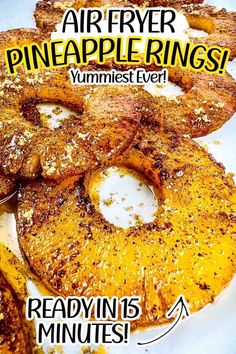 closeup view of air fried pineapple on a white plate with text overlay. Air Fryer Pineapple Slices, Air Fried Pineapple, Air Fryer Pineapple, Fried Pineapple, Cooked Pineapple, Pineapple Recipe, Roasted Pineapple