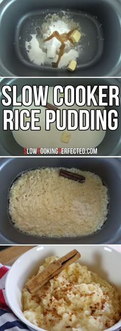 slow cooker rice pudding in a bowl with cinnamon sticks