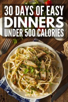 the cover of 30 days of easy dinners under 500 calories, including pasta