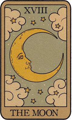 the moon tarot card with clouds and stars around it, as well as an image of