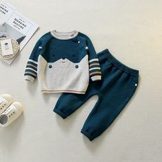 Navy Blue / 3M / China Knitting Stitching Suit CartoonsOutfit Cozy Playtime Sets For Fall, Winter Knit Long Sleeve Sets, Winter Long Sleeve Knit Sets, Casual Knit Sets For Winter, Playful Blue Sets For Fall, Cute Long Sleeve Sets For Winter, Cute Long Sleeve Winter Sets, Cute Blue Sweater For Playtime, Playful Long Sleeve Sets For Fall