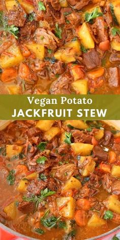 Warm up your evenings with this comforting vegan jackfruit stew and potato pot roast. Packed with rich flavors and wholesome ingredients, this recipe transforms tender jackfruit into a hearty dish that mimics the texture of pulled meat. Perfect for cozy dinners, this stew combines savory spices, root vegetables, and succulent jackfruit for a satisfying meal that even non-vegans will love. Ideal for meal prep or a family dinner, this plant-based delight is sure to become a staple in your recipe collection. Embrace the warmth and depth of this delicious stew and enjoy a nourishing feast. Jackfruit Stew, Garlic Bruschetta, Gravy Vegan, Healthy Spices, Jackfruit Recipes, Potato Stew, Vegan Stew, Stewed Potatoes