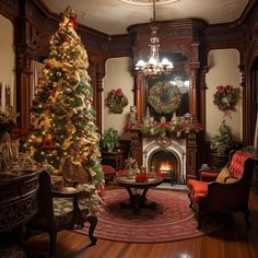 a living room with a christmas tree in the corner